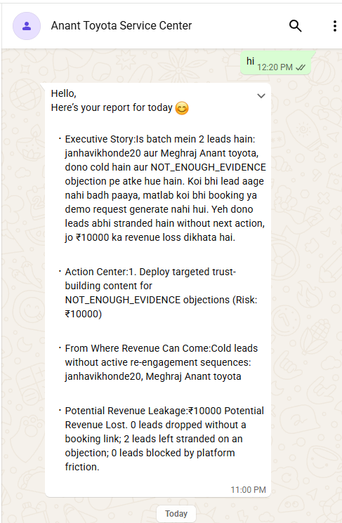 WhatsApp daily report showing cold leads and potential revenue leakage
