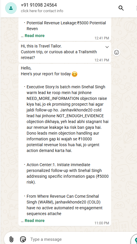 WhatsApp daily report showing a warm lead, objection and recommended follow-up