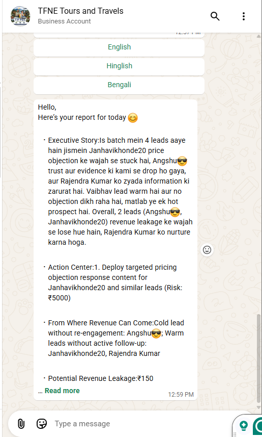 WhatsApp conversation showing multilingual report options and revenue leakage