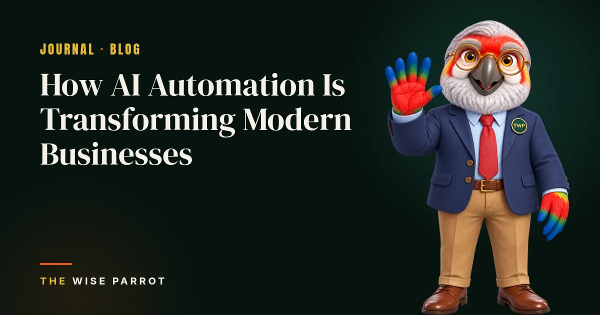 How AI Automation Is Transforming Modern Businesses: cover illustration with The Wise Parrot mascot