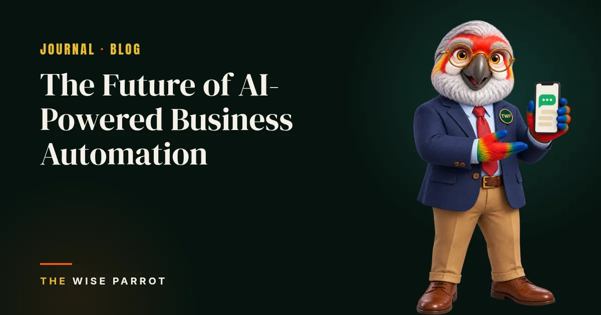 The Future of AI-Powered Business Automation: cover illustration with The Wise Parrot mascot